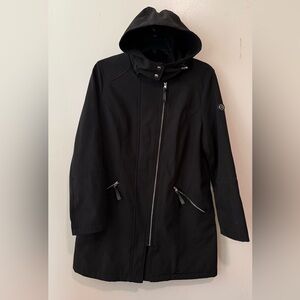 Black Hooded Women's Coat with Asymmetrical Zip